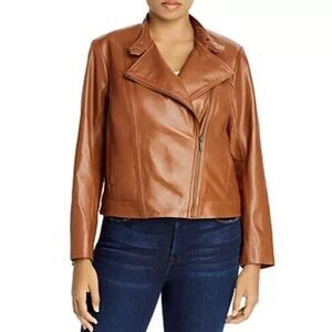 Michael Kors Women's Size 1X Luggage Real Leather Brown Moto Jacket NEW